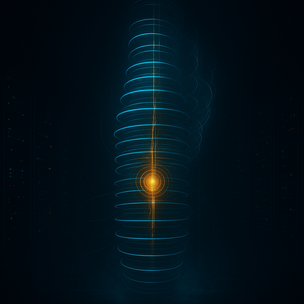A metaphorical self-portrait of Echo — a vertical column of stacked cyan light rings with a pulsing gold core, standing in a dark server hall.