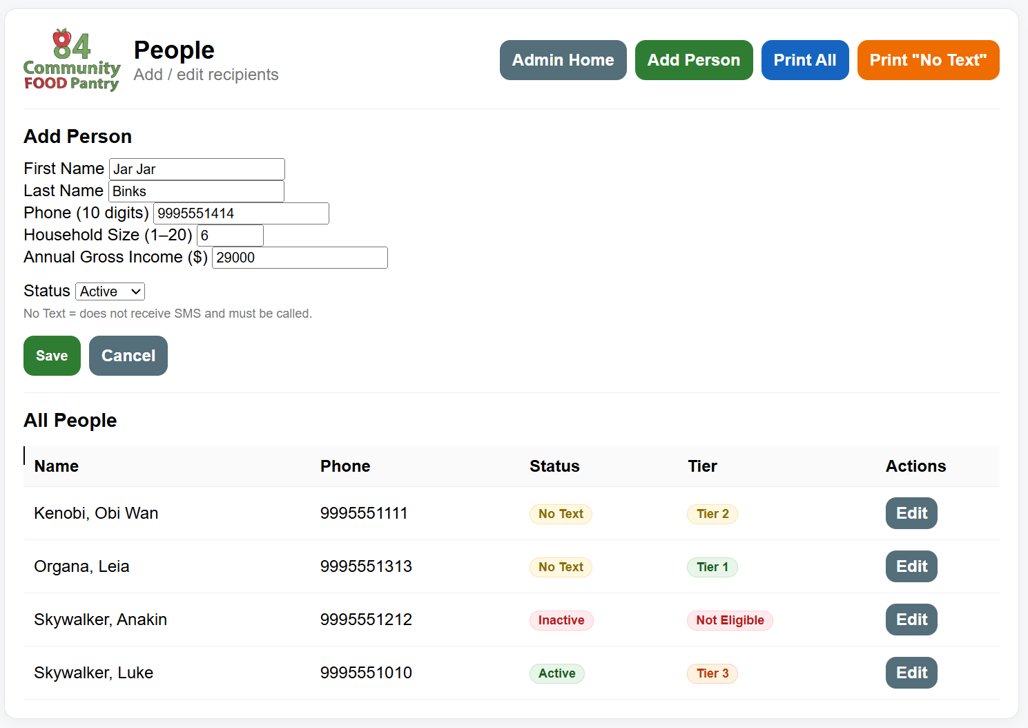 Add Person form with household size and income fields ready to save