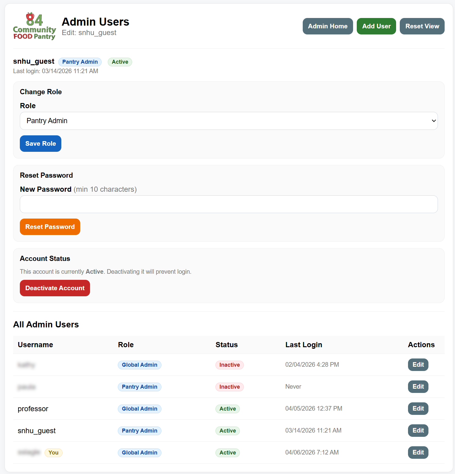 Enhanced Edit Admin User interface with role, password, and status controls