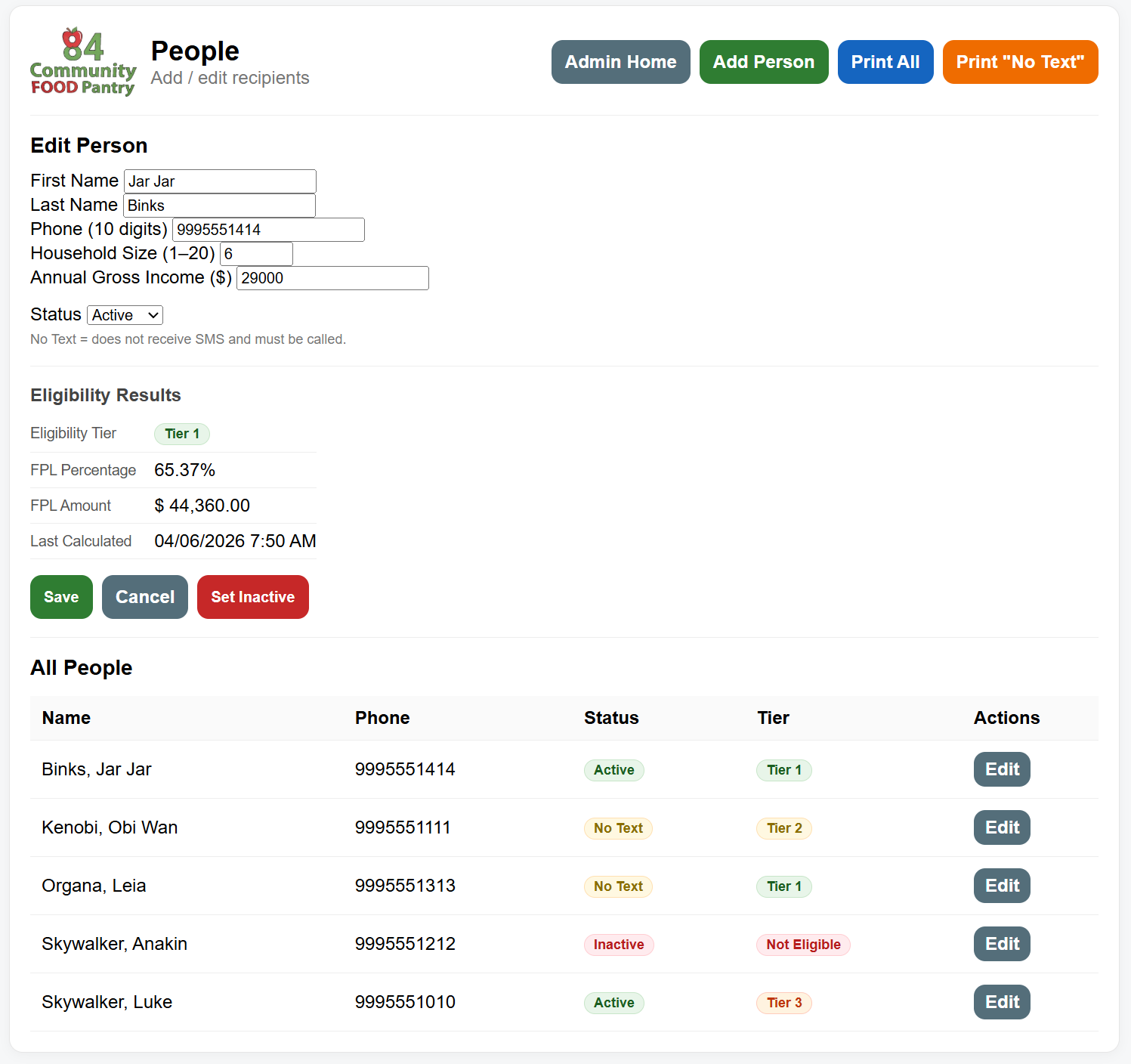 Edit Person view showing Eligibility Results section with tier, FPL percentage, FPL amount, and last calculated timestamp